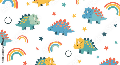 Cute cartoon dinosaurs with rainbows and stars in a playful seamless pattern.