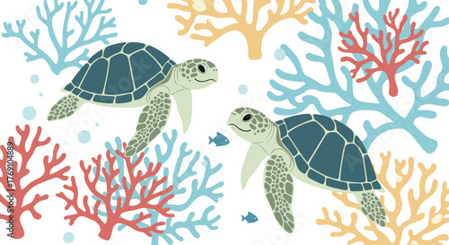 An illustration of two sea turtles swimming amongst coral reefs and fish in the ocean.