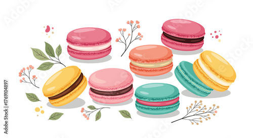 A vibrant illustration featuring an assortment of colorful macarons and floral elements, perfect for dessert-themed designs and sweet creations.