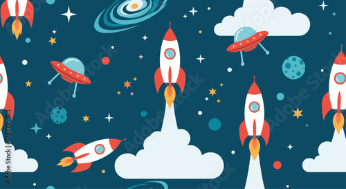 A colorful and playful space-themed illustration featuring rockets, UFOs, planets, and stars against a dark blue background, suitable for children's designs and educational materials about the cosmos.
