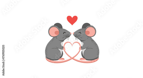Two adorable cartoon mice in love, forming a heart with their tails, with a red heart above.