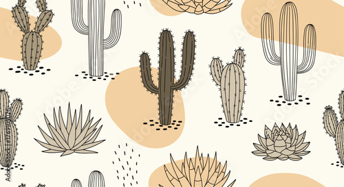 Boho desert pattern features cactus and succulent illustrations, adding a touch of nature to a minimalist, stylish backdrop.