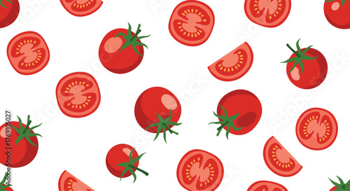 Seamless pattern featuring various tomato illustrations including whole, halved, and sliced tomatoes on a white background.