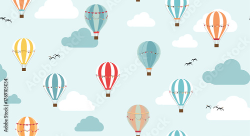 Colorful hot air balloons floating in a light blue sky with fluffy white clouds, representing freedom and travel aspirations, a charming vector seamless pattern backdrop.