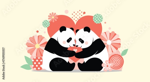Two adorable pandas hugging with a heart shape and flowers, representing love and affection, for a romantic occasion.