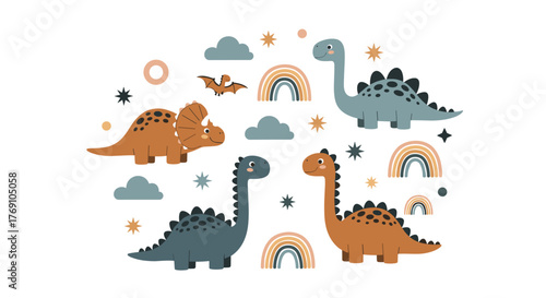 Cute dinosaur pattern with pastel colors showcasing various species of dinosaurs and celestial elements, perfect for kids' room decor and design.