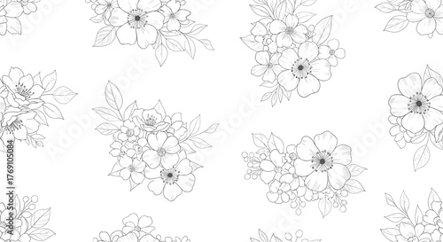 Elegant floral repeat pattern with delicate flowers and leaves, creating a timeless and sophisticated background for various design applications.