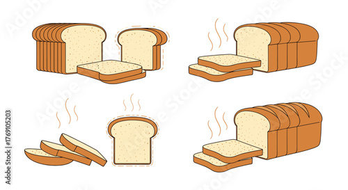 Collection of sliced bread loaves and individual slices, some showing steam indicating warmth.