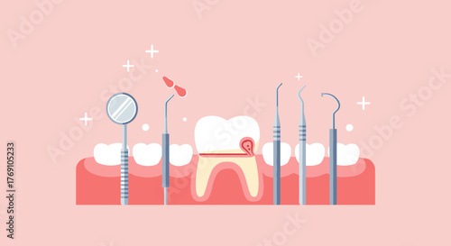 Dental tools and clean tooth on pink background for oral health awareness