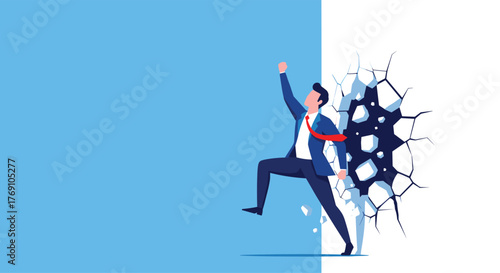 Businessman breaking through a wall to achieve success and overcome obstacles.