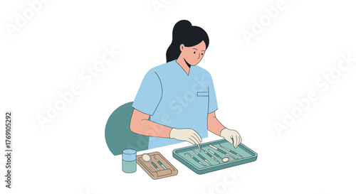 Nurse arranging medical instruments in sterile environment in flat style