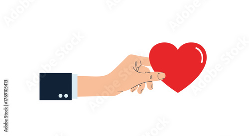 A hand in a suit jacket holding a red heart, symbolizing love, care, or donation.