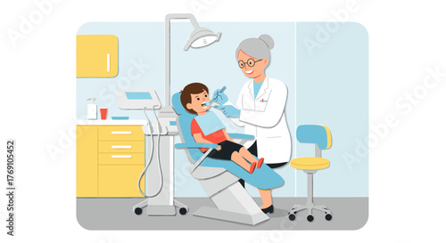 Pediatric dentistry visit: child patient with female dentist in clinic setting