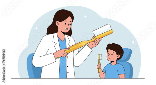 Dentist teaching child proper toothbrushing technique with large demonstration brush