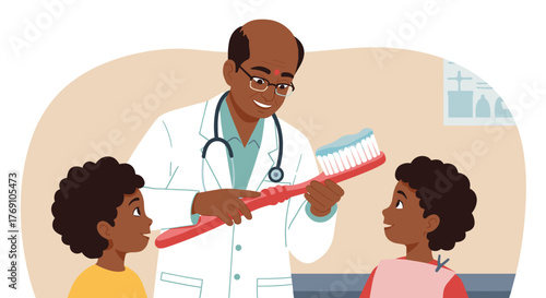 Doctor explaining dental care to kids with giant toothbrush in flat design