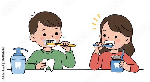 Cute cartoon kids brushing teeth with toothpaste and mouthwash on a white background