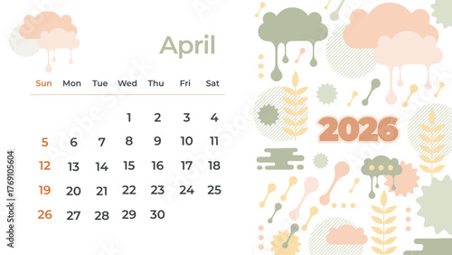 Cute hand-drawn Doodle April 2026 calendar