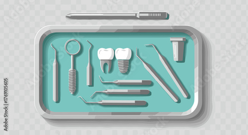 Dental equipment setup: professional tools on tray with checkered background