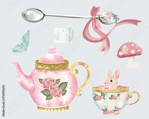 Cute Watercolor Tea Party Assets with rabbit