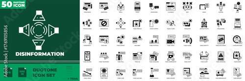 Disinformation Duotone Editable Icons set. Vector illustration in modern thin duotone style of disinformation icons: false, propaganda, manipulation, etc