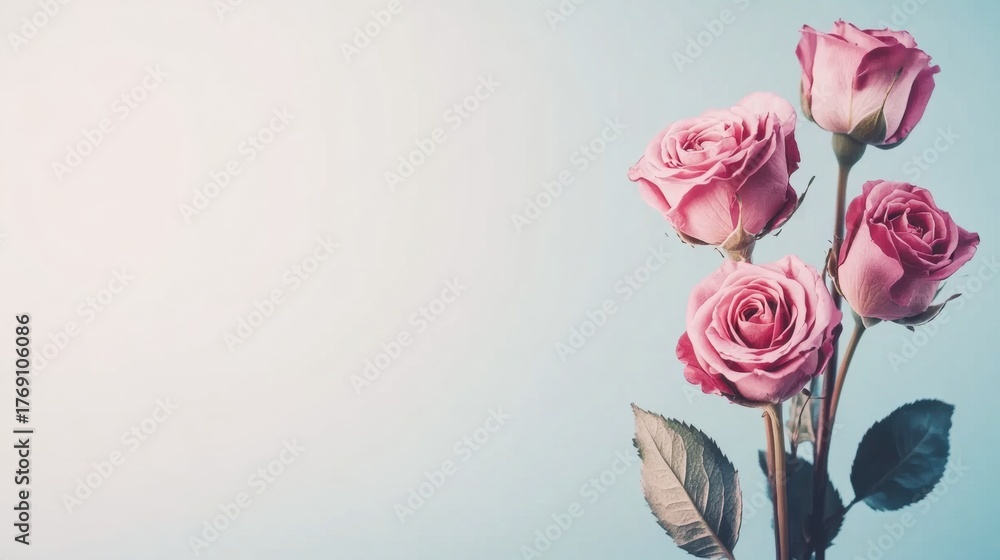 Fototapeta premium Beautiful pink roses arranged on a pale blue background
