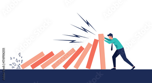 Businessman tries to stop domino effect of falling blocks, symbolizing crisis management.
