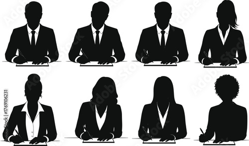 Business people silhouettes, office professionals writing at desks, job interview, workplace assessment, corporate meeting, flat vector