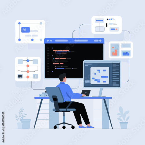 Modern software developer efficiently coding and architecting applications, visualizing data flows, and designing intuitive user interfaces in a dynamic and interconnected digital workspace