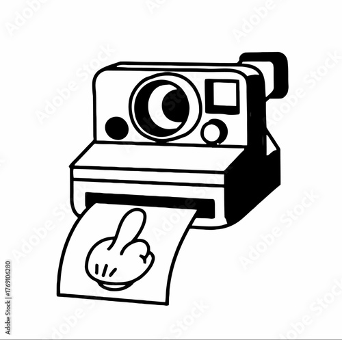Quirky vintage instant camera vector art, depicting a humorous and irreverent hand gesture emerging on a freshly printed photo, blending retro technology with bold expression for creative designs
