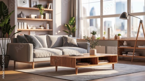 Wallpaper Mural A cozy, modern living room featuring a stylish couch, wooden coffee table, and large windows with a city view, complemented by indoor plants. Torontodigital.ca