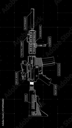 Exploded technical diagram illustrating the intricate components and assembly of a modern rifle, presented in a precise engineering blueprint style
