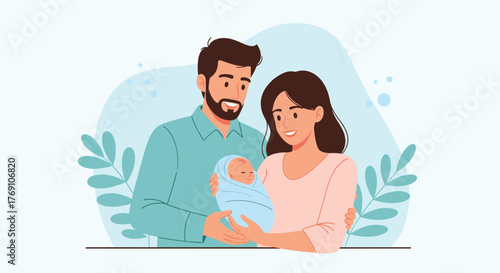 A loving couple tenderly holds their newborn baby, surrounded by soft blue and green hues.