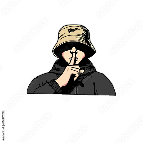 Silent figure wearing a bucket hat making a hush gesture against a white background