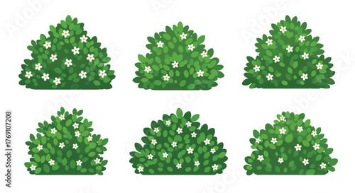 A set of six stylized green bushes with small white flowers, perfect for decorative purposes.