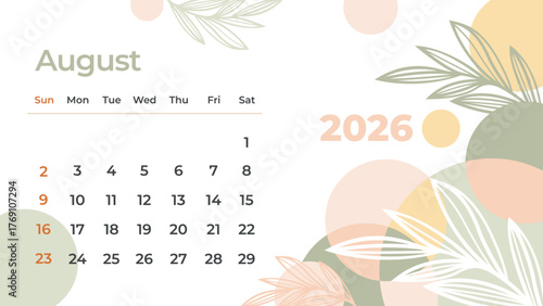 Beautifully hand-drawn August 2026 calendar