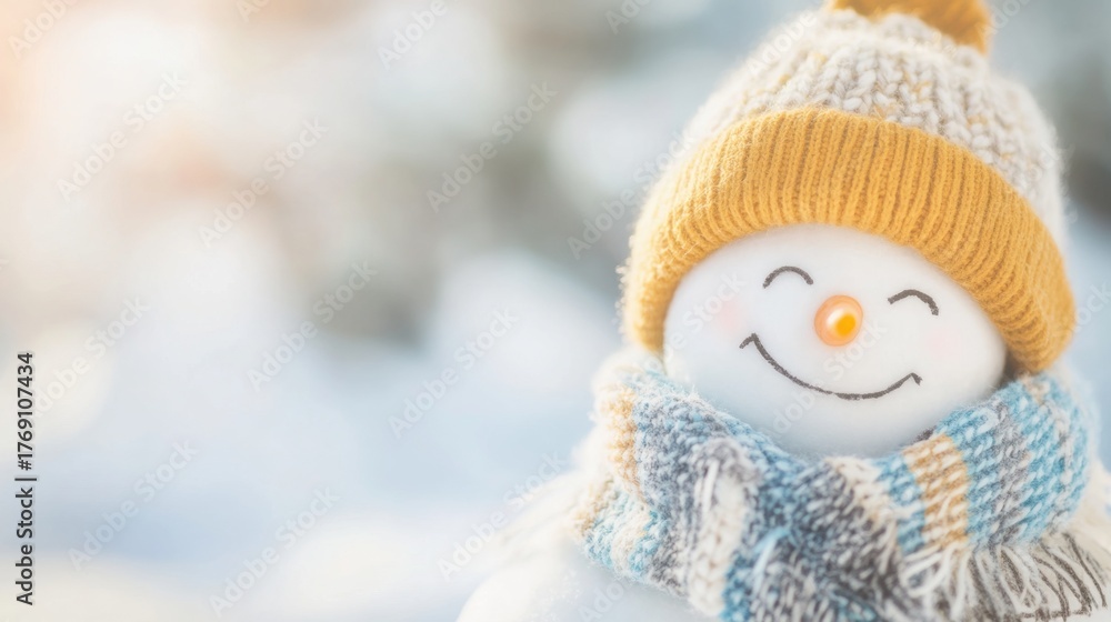 Obraz premium Smiling snowman wearing a colorful hat and scarf on a snowy day