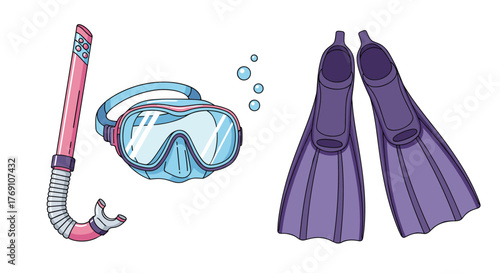 Cartoon illustration of a pink snorkel, blue diving mask, and purple flippers with bubbles.
