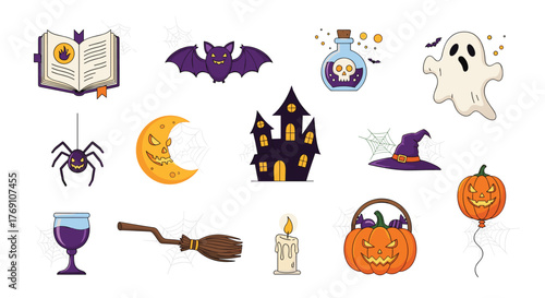 A collection of spooky Halloween icons including a haunted house, ghost, and pumpkins.