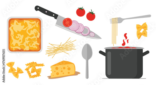 Flat illustration of pasta ingredients and cooking utensils for a meal preparation.