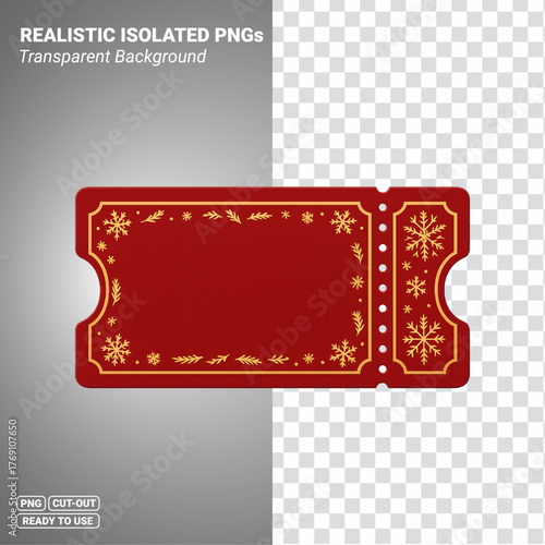 Christmas Snowflake Ticket With Golden Border And Perforated Stub Transparent PNG file ready to be used.