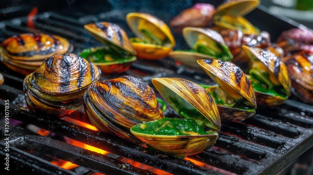 Fototapeta premium Grilled Clams Seafood BBQ | Gourmet Food Fine Dining