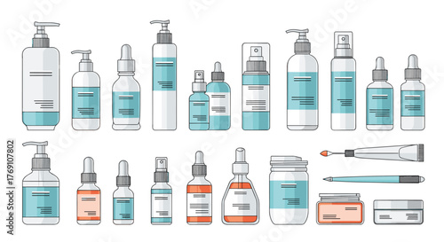 Collection of assorted skincare and cosmetic bottles and containers for beauty products.