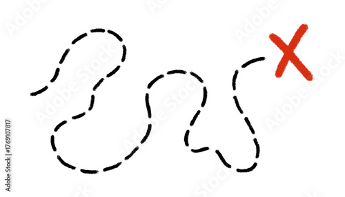 Old pirate treasure map. Dashed line and red X sign on travel paper map. Path to treasure and gold location. Old pirate letter. Vector illustration isolated on white background.