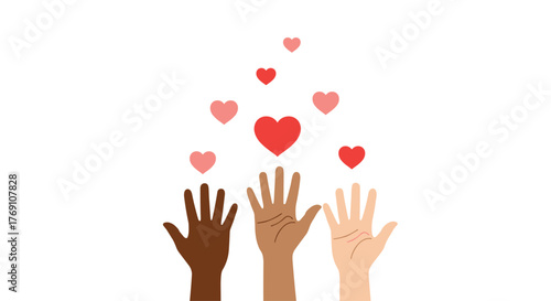 Diverse hands reaching up towards floating hearts symbolizing love, unity, and community support.