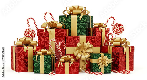A festive display of christmas gifts with red and green boxes and golden ribbons on a white background