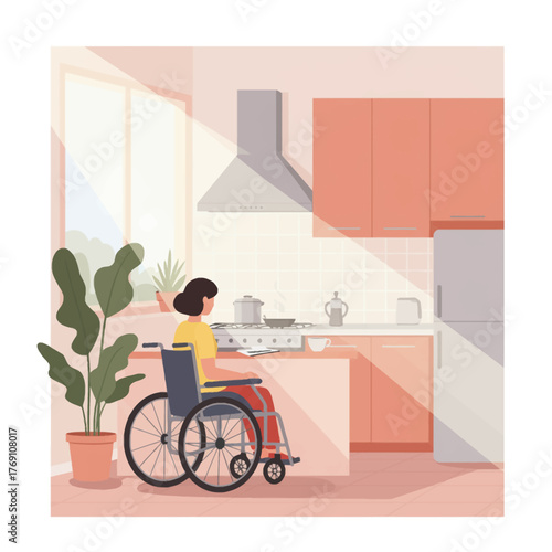 Accessible flat vector kitchen illustration. Minimal pastel design shows a woman in a wheelchair happily cooking. Daily independence.
