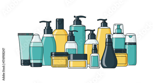 Assortment of colorful cosmetic and skincare bottles and jars arranged on a white background.