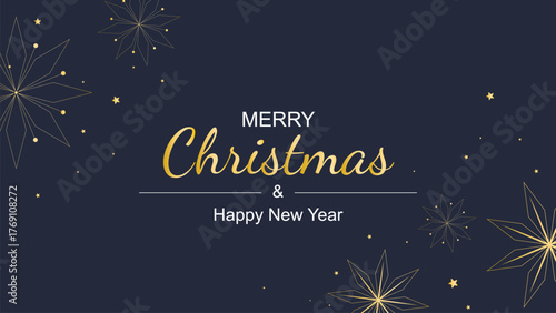 Merry Christmas and Happy New Year banner. Festive horizontal layout with congratulatory text, gold stars, and snowflakes. Dark blue holiday template with gold decor, vector graphic