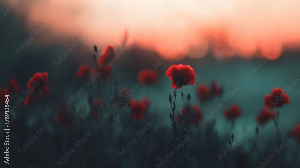 Obraz premium Bright red flowers blooming at sunset in a serene outdoor setting