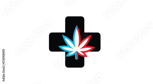 Black medical cross with a marijuana leaf inside, featuring a 3d red and blue effect.